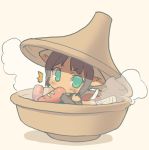  animal_ears biting blade_(artist) blade_(lovewn) bowl brown_hair food green_eyes in_bowl in_container in_food lowres minigirl original sausage simple_background solo steam tail 