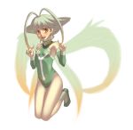  ar_tonelico ar_tonelico_ii bodysuit curly_hair detached_sleeves fairy_wings frelia green_hair grin gust open_mouth short_hair simple_background skin_tight smile solo terumii wings yellow_eyes 