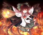  black_hair black_legwear black_thighhighs black_wings bow cape fire glowing grin hair_bow highres kikugetsu long_hair munyunyu radiation_symbol red_eyes reiuji_utsuho smile solo thigh-highs thighhighs touhou very_long_hair weapon wings zettai_ryouiki 