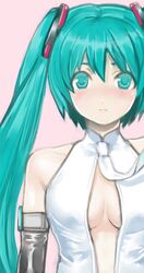  aqua_eyes aqua_hair blush breasts cleavage hatsune_miku hatsune_miku_(append) long_hair miku_append necktie portrait solo twintails vocaloid vocaloid_append yurizuka_(sergeant_heart) zotaro515 