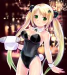  bare_legs blonde_hair bunny_girl bunny_tail bunnysuit green_eyes leotard long_hair original solo tail tray twintails 