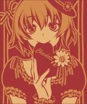  chocolate daisy daisy_(flower) flower frills hands hat heart minami_seira mini_top_hat monochrome mouth_hold orange_(color) original short_hair smile solo top_hat 