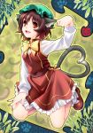  brown_hair cat_ears cat_tail chen earrings hat heart heart_tail jewelry mary_janes multiple_tails paw_pose rakujin red_eyes shoes short_hair tail touhou 