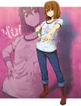  blush boots brown_eyes brown_hair casual earrings hirasawa_yui jeans jewelry k-on! listen!! pirano short_hair smile solo zoom_layer 