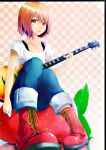 boots brown_eyes brown_hair casual food fruit guitar hirasawa_yui instrument jeans k-on! listen!! nuko-d short_hair solo strawberry 