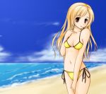  1girl beach bikini blonde_hair breasts brown_eyes brown_hair cute long_hair minami-ke minami_haruka moe ocean side-tie_bikini sky swimsuit tapioka_(coconuts) 