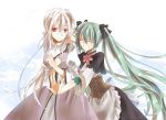  aqua_hair bow bow_tie bowtie closed_eyes corset donut_(artist) dress hair_bow hatsune_miku long_hair multiple_girls red_eyes shiro_no_musume_(vocaloid) smile twintails very_long_hair vocaloid voyakiloid white_hair yowane_haku 