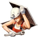  1girl bandaid bolt gloves hardhat helmet nakada_daisuke overalls solo t-shirt trap_door wrench 