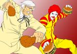  afro angry battle blue_eyes bouzu_oyaji burgers chicken chicken_(food) clown colonel_sanders dual_wielding epic face_paint facepaint facial_hair fighting_stance food food_fight formal fried_chicken glasses goatee hamburger jumpsuit kfc kfc_(company) male mcdonald&#039;s mcdonald's multiple_boys old_man parody red_hair redhead ronald_mcdonald stance string_tie suit white_hair 
