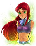  arms_behind arms_behind_back breasts cleavage dc_comics female green_eyes hati long_hair midriff navel red_hair redhead solo starfire tamktop teen_titans 