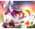  animal_ears blue_hair blush boots bunny_ears flower hiiragi_mashiro long_hair multicolored_eyes necktie open_mouth reisen_udongein_inaba sitting solo sunset thighhighs touhou very_long_hair 