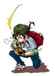  backpack bag baseball_cap belt_pouch blush blush_stickers earphones fingerless_gloves gloves golden_boy hat jeans kmkl kneeling long_hair male notebook oe_kintaro ooe_kintarou pen shirt shoes simple_background smile sneakers solo watch wristwatch writing 