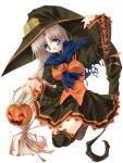  1girl artist_request blue_eyes character_request female hair halloween jack-o-lantern pumpkin silver solo source_request thigh-highs witch witch_hat 