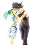  black_hair blush fudou_yuusei green_hair kiss leo lua multicolored_hair ponytail rua shota yaoi yu-gi-oh! yugioh_5d&#039;s 