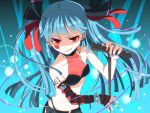  blue_hair bracelet casual collar earrings elbow_gloves fashion gloves grin hair_ribbon hatsune_miku hiiro_(kikokico) hime_cut jewelry long_hair microphone microphone_stand necklace red_eyes ribbon ring smile smirk solo spiked_bracelet spikes striped twintails vocaloid 