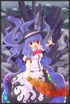  blue_hair cloud clouds dress food fruit hat highres hinanawi_tenshi kinniku1234 long_hair peach red_eyes rock solo sword sword_of_hisou touhou weapon 