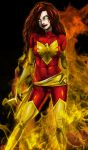  bodysuit dark_phoenix female fire glowing_eyes jean_grey laura_(pixiv66597) lipstick long_hair marvel redhead skin_tight solo x-men yellow_eyes 