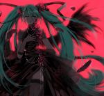  absurdres aqua_eyes aqua_hair black_wings blush dress elbow_gloves evollis feathers fishnets flower glitter gloves hand_on_chest hand_on_own_chest hatsune_miku highres jewelry lace lace-trimmed_thighhighs lips long_hair necklace no_nose simple_background single_wing solo tears thigh-highs thighhighs twintails very_long_hair vocaloid wings 