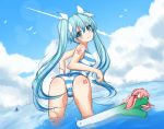  1girl blue_eyes blue_hair cloud clouds condensation_trail contrail hatsune_miku long_hair looking_back megurine_luka one-piece_swimsuit sei000 sky smile spring_onion striped swimsuit takoluka twintails very_long_hair vocaloid water 
