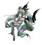  detached_sleeves dress green_eyes green_hair hatsune_miku long_hair necktie ryuuga_sazanami simple_background solo thigh-highs thighhighs twintails very_long_hair vocaloid 