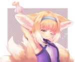  1girl animal_ear_fluff animal_ears arknights arm_behind_head arms_up bangs blonde_hair blue_hairband blush braid brown_eyes chrocatz commentary_request eyebrows_visible_through_hair fox_ears fox_girl fox_tail hair_rings hairband highres kitsune multicolored_hair parted_lips polka_dot polka_dot_background sidelocks solo stretch suzuran_(arknights) tail tail_raised two-tone_hair white_hair wrist_cuffs 