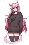  1girl absurdres animal_ear_fluff animal_ears artist_name black_legwear cat_ears cat_girl cat_tail cropped_legs hand_up head_tilt highres hood hood_down hoodie light_smile long_hair looking_at_viewer matilda_fiship original pink_eyes pink_hair simple_background sleeves_past_fingers sleeves_past_wrists solo tail thigh-highs very_long_hair watermark white_background 