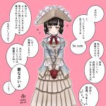  1girl alternate_costume ascot bangs blunt_bangs brown_eyes brown_hair double_bun dress gloves hat kantai_collection layered_dress long_dress long_hair long_sleeves pink_background red_ascot red_gloves simple_background solo speech_bubble tk8d32 translation_request un&#039;you_(kancolle) yawata_maru_(kancolle) 