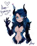  1girl absurdres blue_eyes blue_hair blue_theme breasts closed_mouth copyright_request fingernails hand_up happy_birthday hat heart highres horns large_breasts long_hair looking_at_viewer matilda_fiship navel no_nose ok_sign party_hat pointy_ears sharp_fingernails signature smile solo 