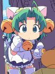  1girl animal_hat apron bell bent_over cat_hat cat_tail dejiko di_gi_charat gloves green_eyes green_hair hair_bell hair_ornament hat highres jingle_bell looking_at_object maid maid_apron ribbon roku_no_hito solo tail tail_ornament tail_ribbon white_gloves 
