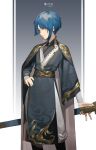  1boy absurdres blue_hair closed_mouth commentary_request genshin_impact hand_on_hip highres holding holding_sword holding_weapon korean_commentary looking_at_viewer male_focus qortnrkt sheath sheathed short_hair sidelocks sideways_glance smile solo standing sword tassel weapon xingqiu_(genshin_impact) yellow_eyes 