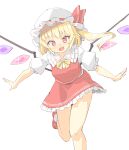  1girl arnest bangs blonde_hair bow bowtie crystal eyebrows_visible_through_hair fang flandre_scarlet flower frilled_skirt frills hat hat_ribbon highres leg_up looking_at_viewer one_side_up open_mouth red_eyes red_flower red_ribbon red_skirt red_vest ribbon shirt short_sleeves simple_background skirt smile solo touhou vest white_background white_headwear white_legwear white_shirt wings yellow_bow yellow_bowtie 