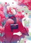  1girl alternate_costume bangs blurry blurry_foreground bow closed_mouth hair_bow highres holding japanese_clothes kimono long_sleeves looking_up outdoors red_eyes red_kimono red_scarf redhead scarf sekibanki short_hair solo standing striped striped_kimono toraneko_2 touhou tree wide_sleeves 