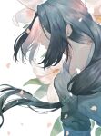  1boy black_hair flower leaf lily_(flower) long_hair low-tied_long_hair male_focus panon_14 parted_lips petals profile shadow signature solo the_legend_of_luo_xiaohei white_background white_flower wuxian_(the_legend_of_luoxiaohei) 