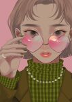  1girl adjusting_eyewear brown_eyes brown_hair brown_jacket commentary_request face green_nails green_shirt hand_up heart heart-shaped_eyewear highres jacket jewelry long_sleeves looking_at_viewer looking_over_eyewear necklace original parted_lips pink-tinted_eyewear pink_background plaid plaid_shirt red_lips ring shirt short_hair simple_background solo sunglasses tinted_eyewear tori_no_3046 turtleneck upper_body 