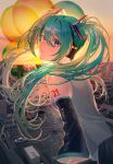  1girl absurdres aqua_hair bare_shoulders blue_eyes blurry blurry_background city cityscape commentary detached_sleeves from_behind hair_ornament hatsune_miku headphones highres long_hair looking_at_viewer looking_back number_tattoo outdoors parking_lot scenery senya_oekaki sky sleeveless smile solo sunset tattoo twintails very_long_hair vocaloid 