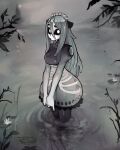  1girl absurdres animal_ears artist_name black_sclera branch bubble_skirt colored_sclera colored_skin commission grey_hair hair_between_eyes highres lily_pad long_hair looking_at_viewer matilda_fiship monster_girl original outdoors personification see-through skirt solo v_arms wading water watermark white_skin 