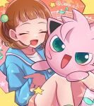  0roshioji3ran 1girl :d bangs blue_jacket blush brown_hair closed_eyes commentary_request eyelashes green_eyes hair_bobbles hair_ornament highres jacket jigglypuff long_sleeves medium_hair momo_(poketoon:_jigglypuff&#039;s_song) musical_note open_mouth orange_background pokemon pokemon_(anime) pokemon_(creature) poketoon shirt smile star_(symbol) tied_hair tongue twitter_username white_shirt zipper_pull_tab 