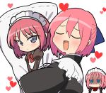  2girls apron black_dress black_kimono blue_bow blue_eyes blush bow bowtie character_print chibi closed_eyes closed_mouth dakimakura_(object) dress hair_bow half_updo heart highres hisui_(tsukihime) hug itsuka_neru japanese_clothes juliet_sleeves kimono kohaku_(tsukihime) long_sleeves maid maid_apron maid_headdress multiple_girls object_hug open_mouth pillow pillow_hug pink_hair puffy_sleeves red_bow shaded_face short_hair siblings simple_background sisters smile sweatdrop tsukihime twins upper_body wa_maid white_apron white_background wide_sleeves 