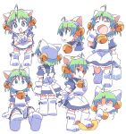  1girl 1other animal_hat apron back_bow bag bell bow cat_hat cat_tail dejiko di_gi_charat from_behind gema gloves green_eyes green_hair hair_bell hair_ornament hat highres holding holding_bag jingle_bell maid maid_apron multiple_views open_mouth paw_shoes ribbon roku_no_hito sitting smile smug sparkling_eyes standing stepped_on tail white_gloves yawning 