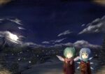  2girls bag blue_hair bow cirno closed_eyes clouds coat cold commentary_request daiyousei fairy_wings fireflies food full_moon gloves green_hair hair_bow hair_ribbon highres ice ice_wings moon mountain multiple_girls night outdoors parted_lips pine_tree red_eyes revision ribbon scarf short_hair side_ponytail sky snow star_(sky) starry_sky steam taiyaki touhou tree wagashi wings yunomiya 