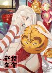  1girl 2022 alternate_costume animal_print blonde_hair blue_dress blue_eyes blush bunny_print china_dress chinese_clothes chinese_zodiac closed_mouth commission dress eyebrows_visible_through_hair happy_new_year hatsuzuki_527 highres kantai_collection long_hair new_year shimakaze_(kancolle) solo striped striped_legwear thigh-highs twitter_username year_of_the_tiger 