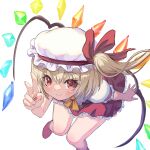  1girl blonde_hair bow crystal flandre_scarlet frilled_sleeves frills hat hat_ribbon highres looking_at_viewer mob_cap puffy_sleeves red_eyes red_ribbon red_skirt red_vest ribbon shiroi_karasu short_hair short_sleeves side_ponytail simple_background skirt smile solo touhou vest white_background wings 