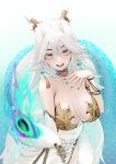  1girl :d blue_nails blush breasts dragon_horns fingernails hair_between_eyes highres horns large_breasts long_hair looking_at_viewer masuo nail_polish open_mouth smile solo tail vei_(vtuber) very_long_hair vshojo white_hair yellow_eyes 