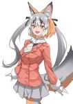  1girl :d absurdres animal_ear_fluff animal_ears bangs black_ribbon buttons commentary cowboy_shot double-breasted eyebrows_visible_through_hair fox_ears fox_girl fox_tail fur-trimmed_sleeves fur_trim gloves grey_hair grey_skirt hair_between_eyes hair_ribbon highres island_fox_(kemono_friends) jacket kemono_friends long_hair long_sleeves looking_at_viewer multicolored_hair necktie open_mouth orange_eyes orange_hair pantyhose pleated_skirt red_jacket ribbon simple_background skirt smile solo tail tanabe_(fueisei) twintails virtual_youtuber white_background white_gloves white_hair 
