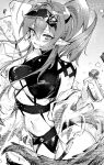 1girl :d antenna_hair arknights arm_behind_back arm_up ba_kanoko bangs bare_shoulders bikini black_bikini breasts cowboy_shot crocodilian_tail cup eyebrows_visible_through_hair gavial_(arknights) greyscale hair_between_eyes highres holding holding_cup large_breasts long_hair long_sleeves looking_at_viewer monochrome navel official_alternate_costume open_mouth pointy_ears ponytail smile solo stomach swimsuit tail under_boob very_long_hair visor_cap