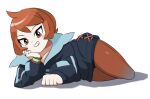  1girl arezu_(pokemon) bangs blue_jacket blush_stickers bracelet brown_eyes brown_hair brown_legwear collarbone commentary_request cowlick diamond_clan_outfit full_body gradient gradient_legwear grey_legwear grin hand_on_own_chin head_rest highres jacket jewelry long_sleeves looking_at_viewer lying on_side orange_hair pantyhose pokemon pokemon_(game) pokemon_legends:_arceus short_hair simple_background smile solo tento_(1010) white_background 