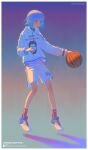  1other absurdres bangs basketball blue_eyes blue_hair casual character_request commentary english_commentary english_text eyebrows_visible_through_hair full_body highres hood hoodie looking_down night night_sky open_mouth red_legwear shadow shoes short_hair shunken_he sidelocks sky sneakers socks sportswear standing star_(sky) sweatshirt twitter_username white_footwear white_hoodie 