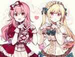  2girls :d bangs blonde_hair blue_bow blue_bowtie blush bow bowtie center_frills closed_mouth cross-laced_clothes dress dress_bow fang frilled_dress frills hair_bow hairband heart heart_hands highres lolita_hairband long_hair long_sleeves looking_at_viewer momoi_airi multiple_girls official_alternate_costume pink_eyes pink_hair project_sekai puffy_long_sleeves puffy_short_sleeves puffy_sleeves red_bow red_bowtie red_dress short_sleeves sleeve_cuffs smile tenma_saki twintails very_long_hair waka_(wk4444) white_dress wrist_cuffs 