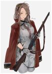  1girl artist_name bangs battle_rifle blush breasts commission eyebrows_visible_through_hair feet_out_of_frame girls_frontline gloves green_eyes gun hairband highres holding holding_gun holding_weapon jacket jacket_on_shoulders lee-enfield lee-enfield_(girls&#039;_frontline) light_brown_hair long_hair looking_at_viewer open_mouth red_jacket rifle skeb_commission solo standing sutekina_awa weapon white_background white_gloves white_uniform 