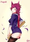  1girl absurdres animal_ears ass bangs breasts brown_eyes feathers from_side grey_background hair_ornament hair_stick hairclip highres holding league_of_legends long_hair medium_breasts red_scarf redhead ruler scarf shirt simple_background slit_pupils smile solo striped striped_shirt thigh-highs wei_miao xayah 